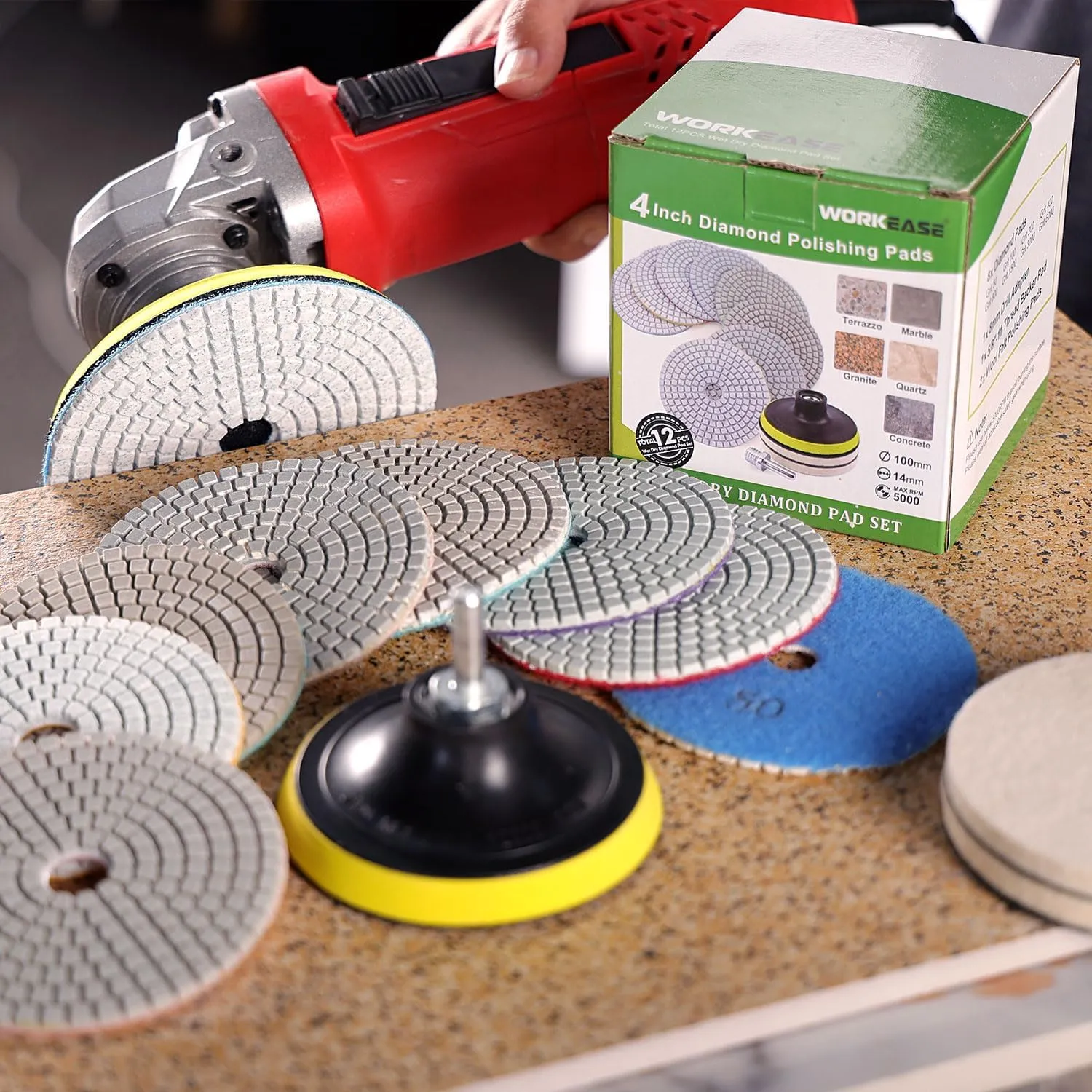 4 Inch Diamond Polishing Pads with 5/8-11 Backer Pad, 12PCS Wet/Dry Granite Stone Polish Pad Kit for Drill, Grinder, Polisher, 50-6000 Grit Polishing Pad for Concrete Marble Rock Countertop Quartz