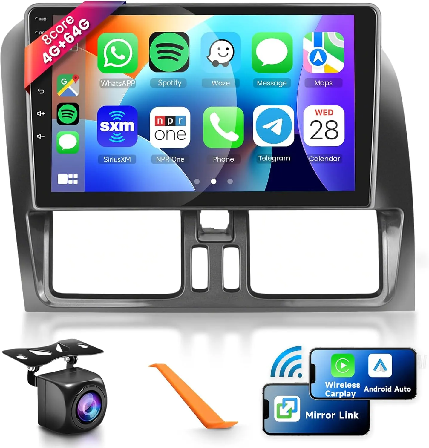 8 CORE 4G 64G Car Radio Stereo for Volvo XC60 2008-2013, Wireless CarPlay/Android Auto 9 Inch 1280 * 720P IPS Touch Screen Android 13 GPS WiFi Bluetooth 32-Band DSP HD Backup Camera