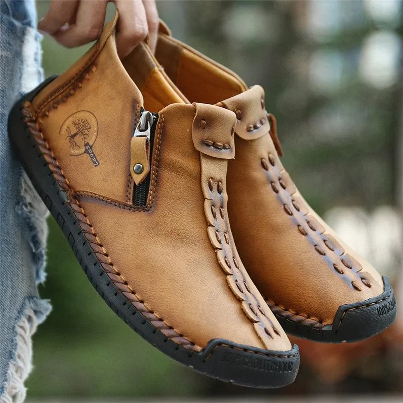 Aliders Men's Hand Stitching Leather Non Slip Side Zipper Casual Boots