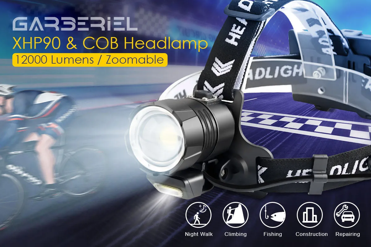 Garberiel High Lumens XHP90 Rechargeable Headlamp
