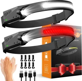 Headlamps Rechargeable with Red Light 2 Pack, 230 Wide Beam Running LED Head Lamp for Adults, Headlights for Head with Motion Sensor, Hard Hat Light Flashlight for Runners, Camping, Hiking, Fishing