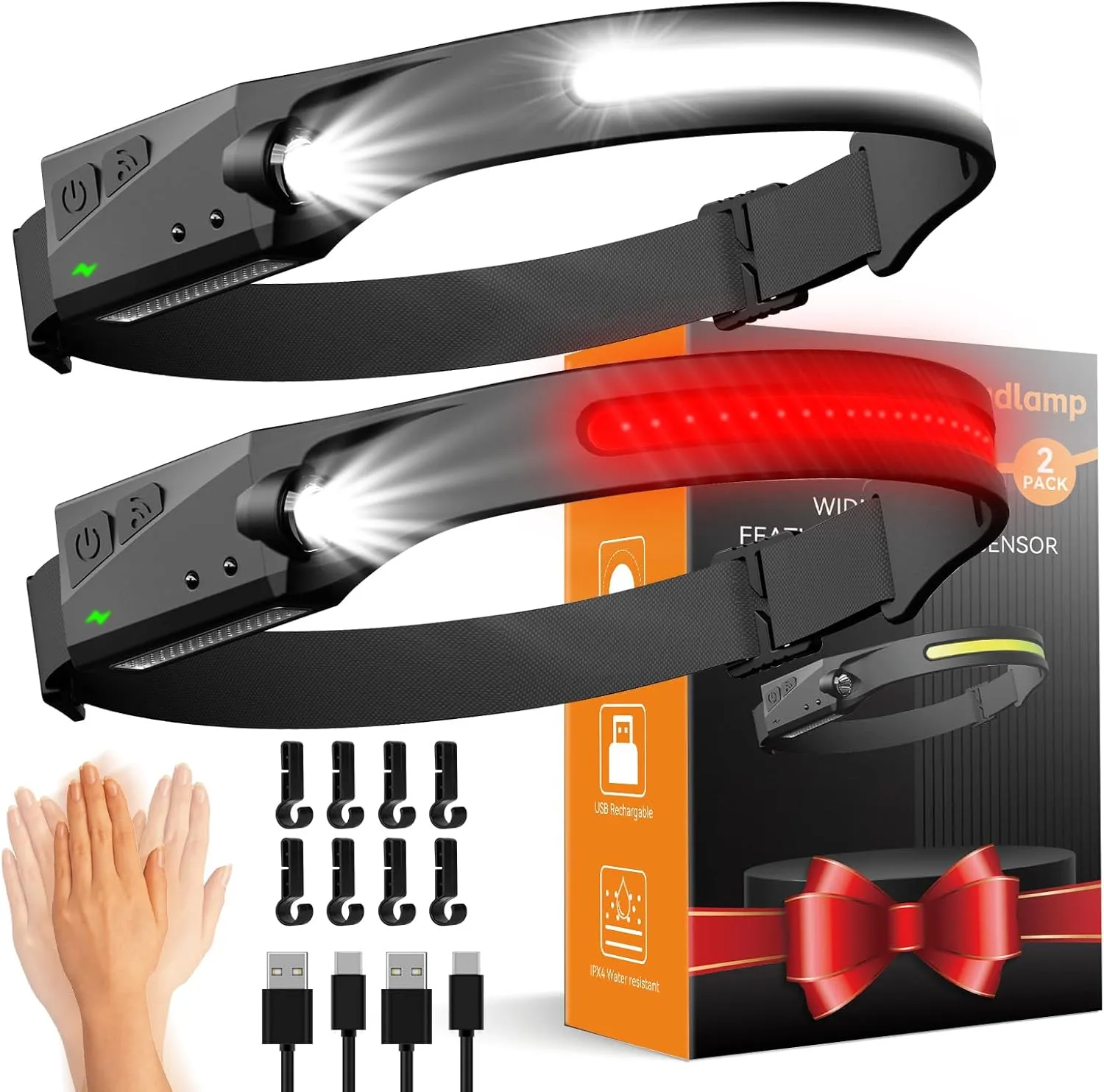 Headlamps Rechargeable with Red Light 2 Pack, 230 Wide Beam Running LED Head Lamp for Adults, Headlights for Head with Motion Sensor, Hard Hat Light Flashlight for Runners, Camping, Hiking, Fishing