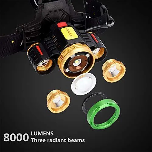 LED Headlamp Flashlight Kit, ANNAN 8000-Lumen Extreme Bright Headlight with Red Safety Light, 4 Modes, Waterproof, Portable Light for Camping, Biking, 2 Rechargeable Lithium Batteries Included