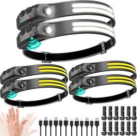 LED Headlamp Rechargeable 6PCS - 230 COB Super Bright Head Lights for Forehead, Hard hat Light for Adults, USB C Headband Flashlight for Work, Hiking, Running, Camping Essentials Gear