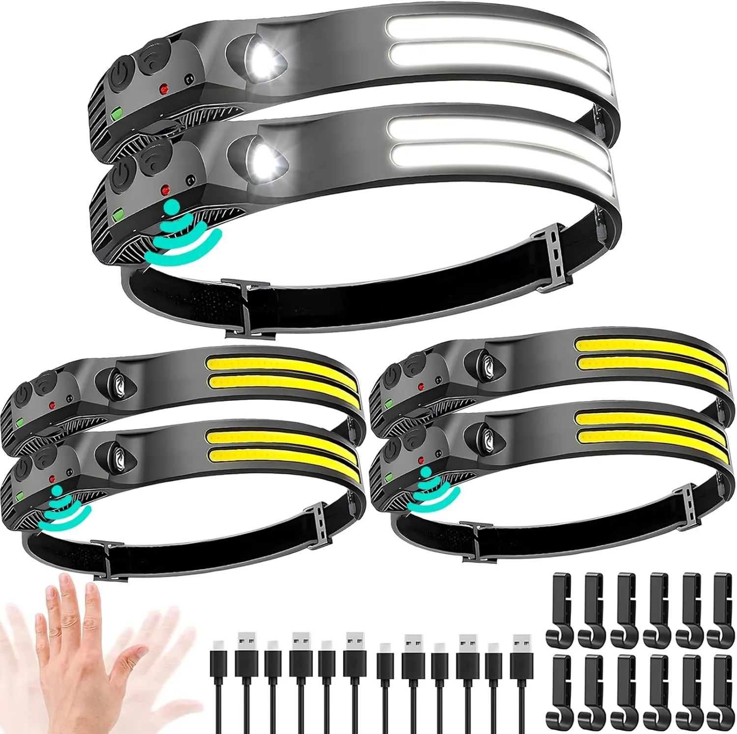 LED Headlamp Rechargeable 6PCS - 230 COB Super Bright Head Lights for Forehead, Hard hat Light for Adults, USB C Headband Flashlight for Work, Hiking, Running, Camping Essentials Gear