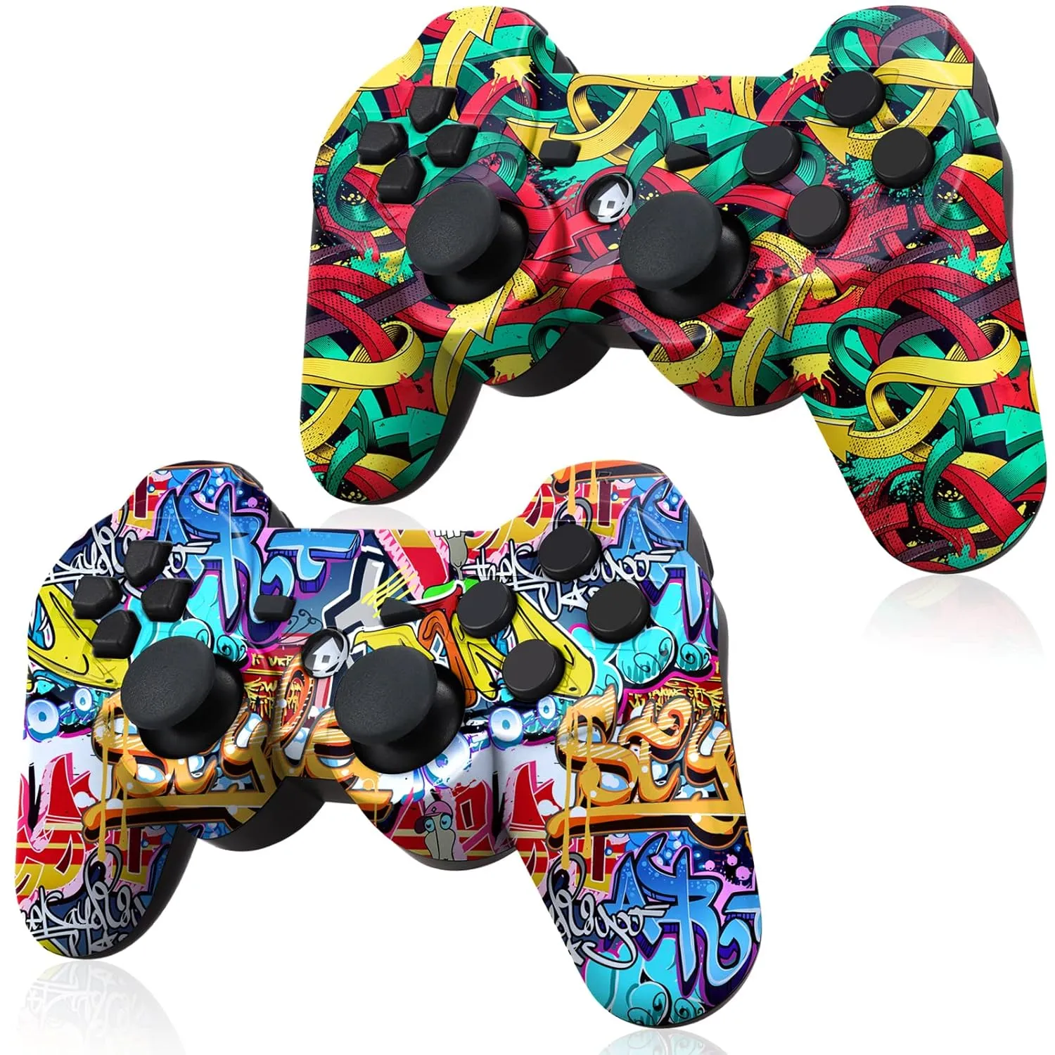 Yinjie 2 Pack Wireless Controller Compatible with PS3, Built in 800mAh Large Capacity Battery, with 2 USB Cables, Graffiti Style