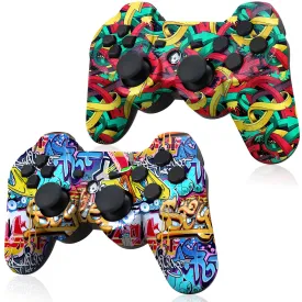 Yinjie 2 Pack Wireless Controller Compatible with PS3, Built in 800mAh Large Capacity Battery, with 2 USB Cables, Graffiti Style