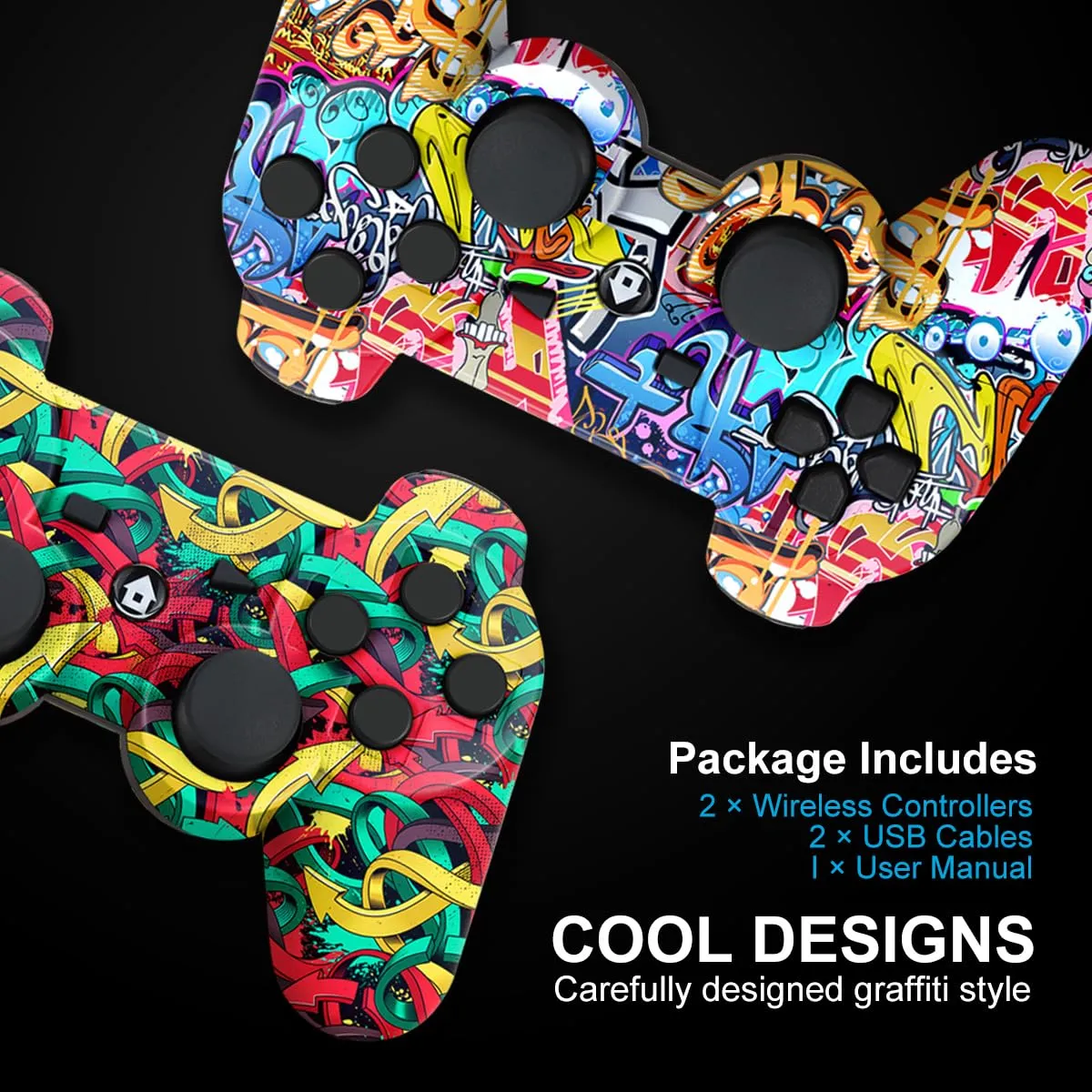 Yinjie 2 Pack Wireless Controller Compatible with PS3, Built in 800mAh Large Capacity Battery, with 2 USB Cables, Graffiti Style